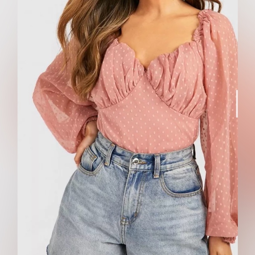Boohoo Dobby Mesh Ruched Cup Detail Blouse, Size 8
